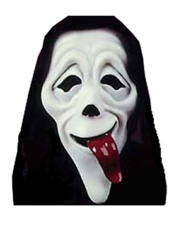 White scream mask with fabric hood and cowl, this version has a large red tongue hanging from the mo