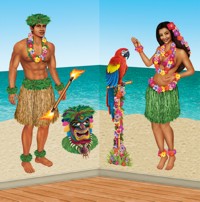 Tropical posters of dancers and tikis ideal for a beach party.