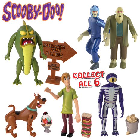 Collect all 6 action figures, each with great accessories. Choose from Scooby, Shaggy, Skeleton man 