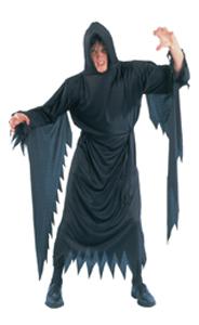 A black robed outfit with hood. Long draping sleeves for that spooky look. Add a scream mask for ext