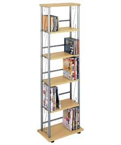 Size (W)34.6,( )D20, (H)111 cm.   Beech finish with silver coloured scroll detail.   5 fixed shelves