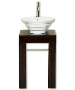 White ceramic basin on a dark wood veneer stand wi