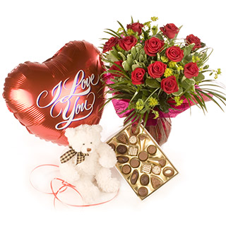WL04 Seduction bouquet of 12 red roses delivered with a SD03 160g box of chocolates SD01 Teddy Bear 