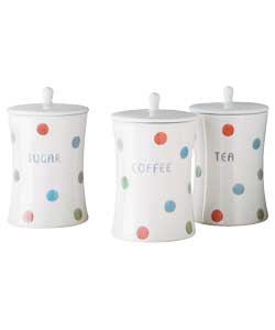 Ceramic storage jars. Cream hand painted multi-coloured spots. Airtight lids. Handwash only. Size (H