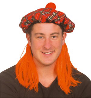 tartan hat with bobble and sewn in ginger hair
