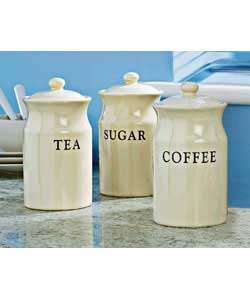 Handcrafted with Coffee, Sugar; and Tea; designs. Rubber seals.Height of each jar 19.5cm.