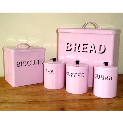 Larger Bread Bin, Biscuit Tin & Tea Coffee & Sugar canisters in Pink    Our Prestige range is good