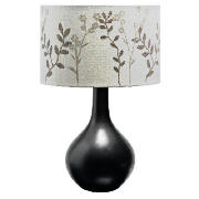 Dark metallic silver coloured table lamp, with ceramic base and floral patterned linen shade.