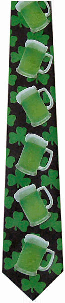 A great Irish tie, ideal for St Patrick`s Day, with green shamrocks and beer on a black background.