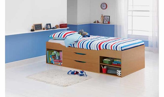 Part of the Shelby collection. Cabin bed: Bed size W96. L195. H53cm. Drawer size H11. W41. D33cm. Storage unit size H36. W48. D39cm. For ages 4 years and over. General information: Weight 69kg. Self assembly: 2 people recommended.