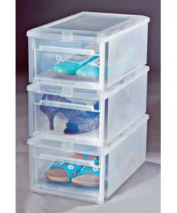 Stackable clear plastic storage box.Fully assembled item. Front opening.Holds 1 pair of shoes or 1 p