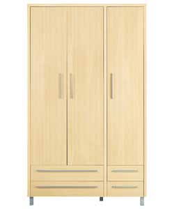Light maple-effect robe. Slim, silver-effect handles. 4 drawers with metal runners. Includes 1