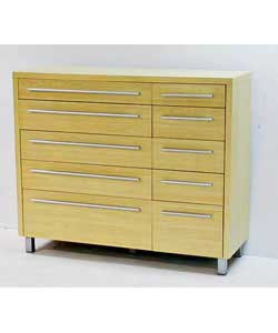 Size (H)96.7, (W)115.3, (D)41.3cm. Maple finish finish chest with slim silver finish handles..Drawer