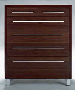 Dark maple-effect chest. Slim, silver-effect handles. 4 wide and 2 narrow drawers with metal