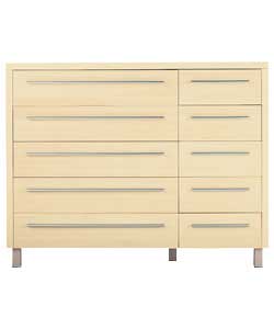 Light maple-effect chest. Slim, silver-effect handles. 5 wide and 5 narrow drawers with metal