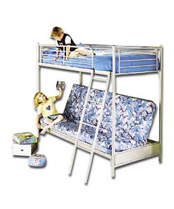 Silver Bunk Bed/Blue Camouflage Futon Mattress/Sprung Matt