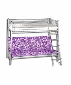 Silver Metal Bunk Bed with Camo Lilac Mattress
