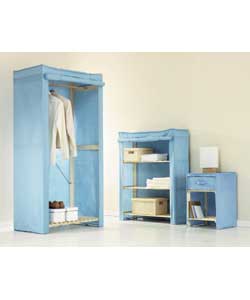 Comprises single wardrobe, 3-tier shelf and 1-drawer cabinet with bottom slatted shelf. Sky blue