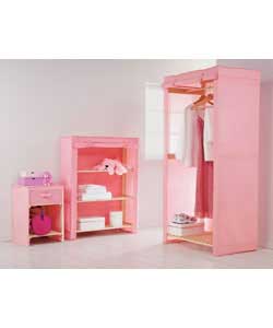 Comprises single wardrobe, 3-tier shelf and 1-drawer cabinet with bottom slatted shelf. Pink