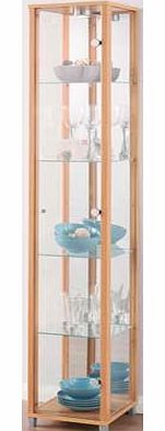 This beech effect display cabinet has a single glass door with an attractive silver coloured handle. A stylish way to present your decorative items. this cabinet is a fantastic addition to your home. Size H172. W32. D33cm. Silver handles. 1 glass doo