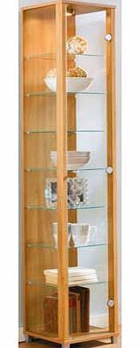 This light oak effect display cabinet has a single glass door with an attractive silver coloured handle. A stylish way to present your decorative items. this cabinet is a fantastic addition to your home. Size H172. W32. D33cm. Silver handles. 1 glass