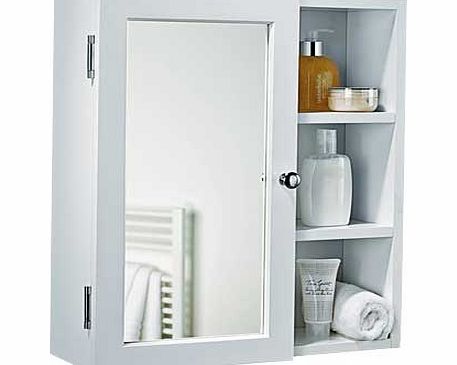This convenient 2-in-1 bathroom cabinet in a contemporary white features both a mirror and storage shelving compartment. Material: wood effect. 1 door. 3 shelves includes 1 adjustable shelf. Complete with fixtures and fittings. Size H52. W45. D16cm. 