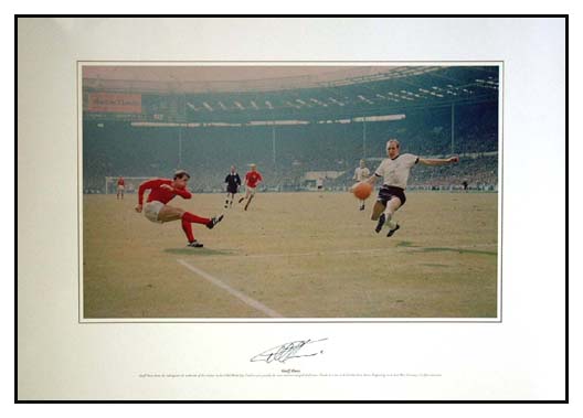 This stunning colour photo print shows Hurst striking the ball for the controversial third England G