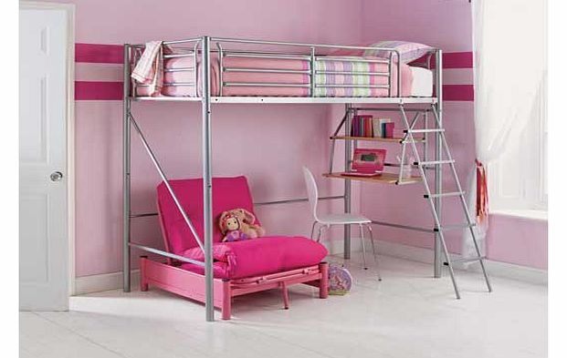 Functional yet stylish this fun Sit N Sleep metal highsleeper. complete with a comfy open coiled Bibby mattress. is a space saving solution for any bedroom. With a fabulous Fuchsia pink. comfy pull out bed and ample amounts of underneath storage spac