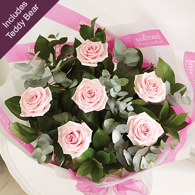 Unbranded Six Pink Rose Hand-tied with Teddy Bear