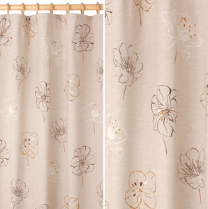 Coffee coloured pencil pleat curtains with a design of painted effect flower heads in shades of