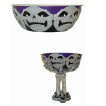 Grey skulls on a purple and black background, inset image shows the bowl on the bony hand pedestal (