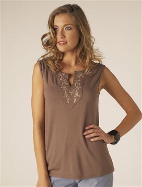scooped neckline with superb macrame applique. 50 cotton, 50 modal. length 62cm (24 1/2in. approx.).