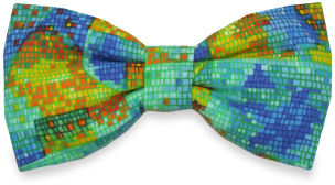 An attractive mosaic patterned pre-tied bow tie in yellows, greens and blues.