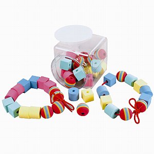 A great way to develop fine motor skills. - This set contains 48 soft beads and 2 laces, each with