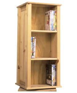 Holds up to 150 CDs, or up to 95 DVDs or up to 48 video tapes.Storage on both sides. Solid pine read