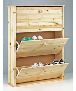 Solid pine. Holds up to 12 pairs of shoes (size 8 mens).With 3 doors, ready to stain, paint or leave