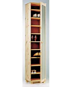 Solid pine. Holds up to 10 pairs of shoes (size 8 mens). Tall door with mirror, ready to stain, pain