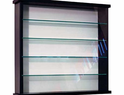 Stylish solid wood wall mountable display unit in black colour with pale grey painted backboard and 4 tempered safety glass shelves and sliding glass door. 8.5cm deep glass shelves have fixed position grooves to slot into - 10cm apart. The glass door