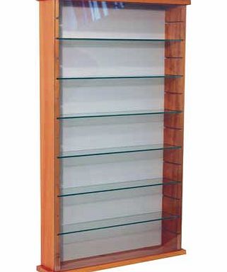 Stylish solid wood wall mountable display unit in pine finish with pale grey painted backboard and 6 adjustable tempered safety glass shelves and sliding glass door. 8.5cm glass shelves have fixed position grooves to slot into - 6.2cm apart on centre