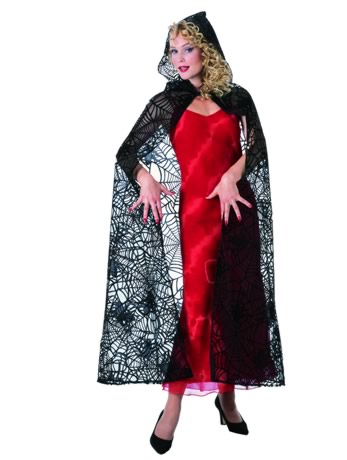 This unisex black cape is made from a net fabric, with a black velvet overprint in a spider and web 