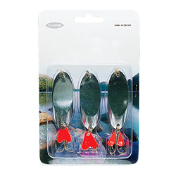 Pack of 3 Spinning Wedges  with multi-fleck reflective sides  Treble Hooks and Red-Fin exciter / spi