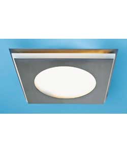Satin chrome finish with frosted glass.Size (H)23, (L)23, (W)5.5cm.Requires 40 watt G9 halogen
