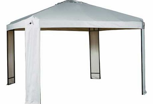 Simple but stylish. this garden gazebo in a contemporary elegant cream can be decorated for parties or dressed down for everyday use. Polyester gazebo and steel frame. Size H260. W300. D300cm. Weight 22.7kg. Packed flat. Not be used in high winds. EA