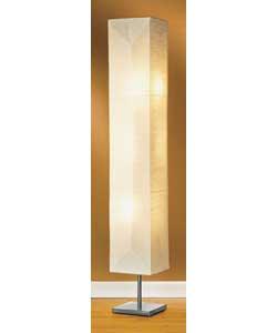 Brushed steel finish with cream paper shade.Foot switch.Height 150cm.Shade diameter 23.5cm.Requires