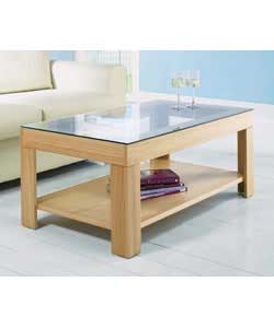 Size (L)110, (W)60, (H)45cm.Oak veneer coffee table with glass table top and 1 shelf.Weight is in ex