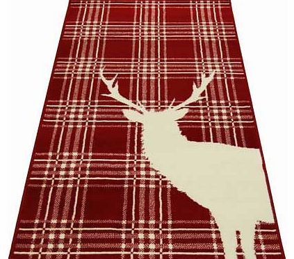 A real winter warmer! This soft pile rug features a highly fashionable red tartan design background. with a bold stag print to one side. This rug is sure to be the focal point to any living area. Easy to clean. simply surface shampoo. 100% polypropyl