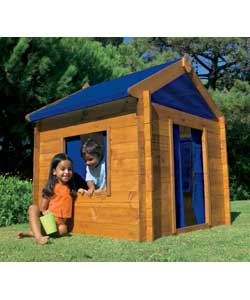 Wooden playhouse made from treated wood. Includes