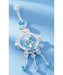 Stainless Steel Aqua and Crystal Drop Body Bar