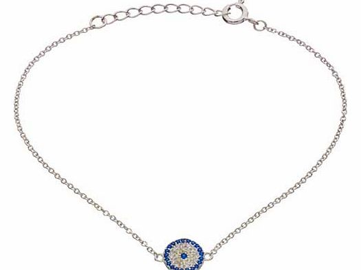 A simple sterling silver cubic zirconia evil eye bracelet featuring a delicately jewelled evil eye motif. The simply desinged chain really allows the intricate eye design to stand out and will be sure to catch the attention of everyone. The cubic zir