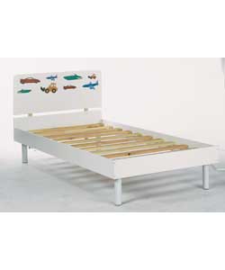 White painted wood bedstead.Size (W)96 (L)194.5 (H)80cm.Clearence between floor and underside of bed